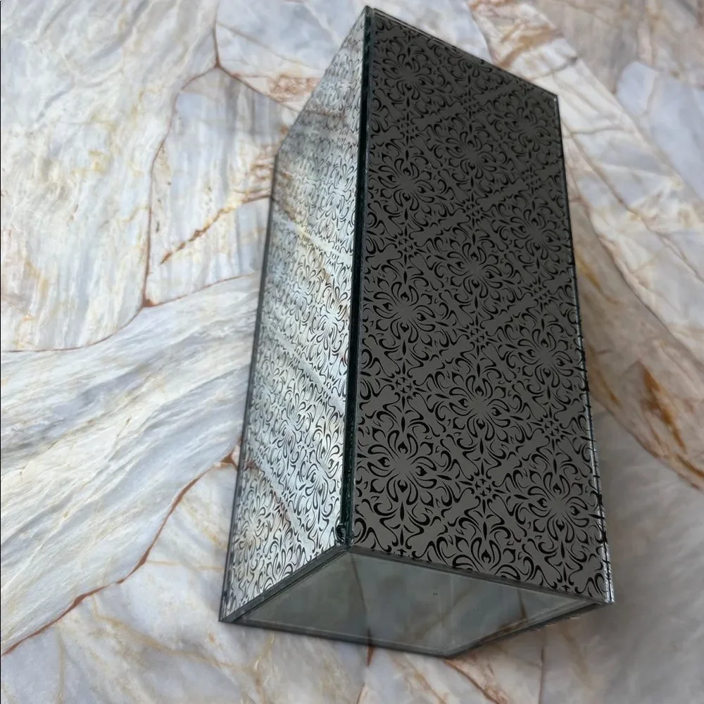 Mirrored Damask Filigree Glass Vase Rectangular Column Silver Black 10 Inch